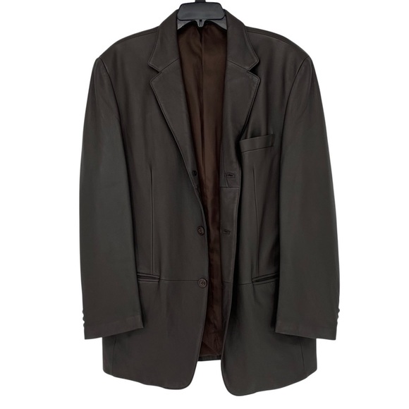 J. Ferrar Leather Double Breasted 3 Button Blazer in Dark Brown, Men's Medium - Picture 1 of 16